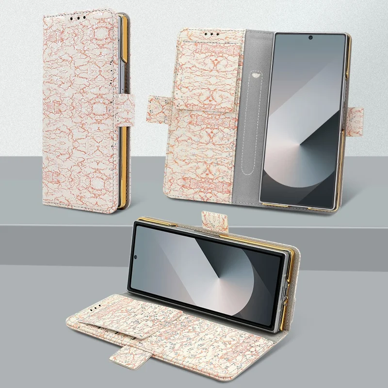 Cover a portafoglio per Samsung Galaxy Z Fold6 5G con blocco RFID, in PU + PC + Vetro temperato, con cinturino da polso - Rosa