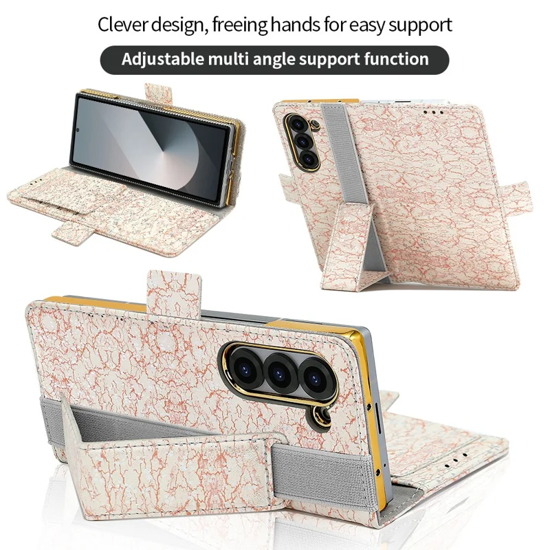 Cover a portafoglio per Samsung Galaxy Z Fold6 5G con blocco RFID, in PU + PC + Vetro temperato, con cinturino da polso - Rosa