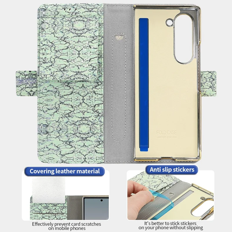 For Samsung Galaxy Z Fold6 5G Wallet Case RFID Blocking PU + PC + Tempered Glass Phone Cover with Wrist Strap - Green