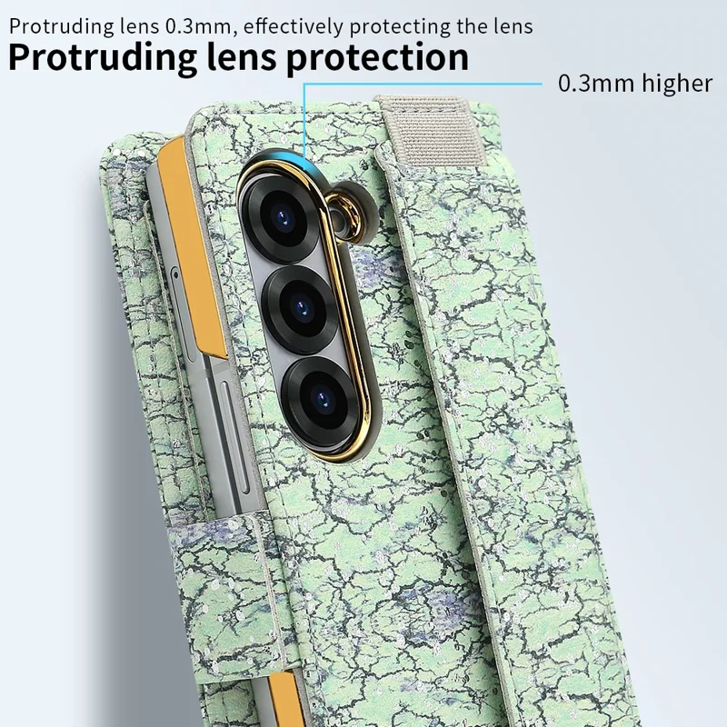 For Samsung Galaxy Z Fold6 5G Wallet Case RFID Blocking PU + PC + Tempered Glass Phone Cover with Wrist Strap - Green