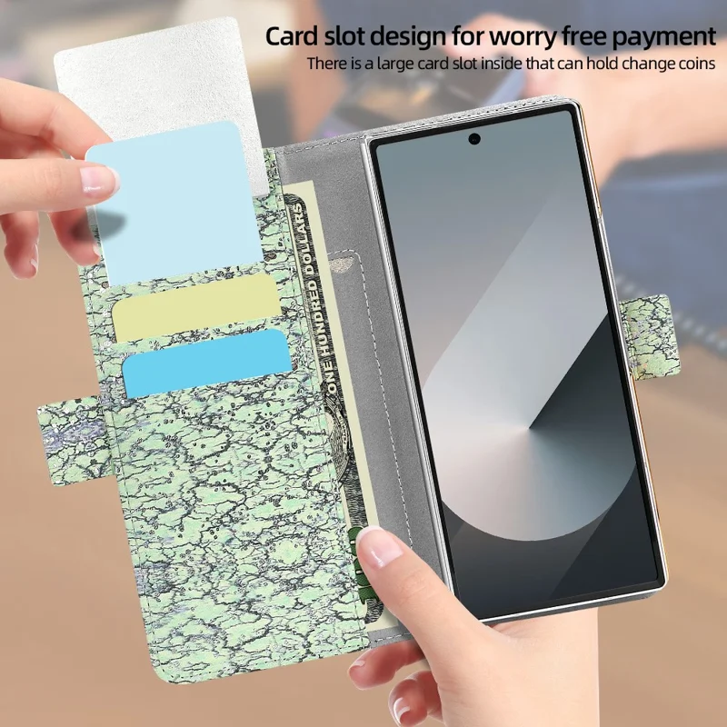 For Samsung Galaxy Z Fold6 5G Wallet Case RFID Blocking PU + PC + Tempered Glass Phone Cover with Wrist Strap - Green