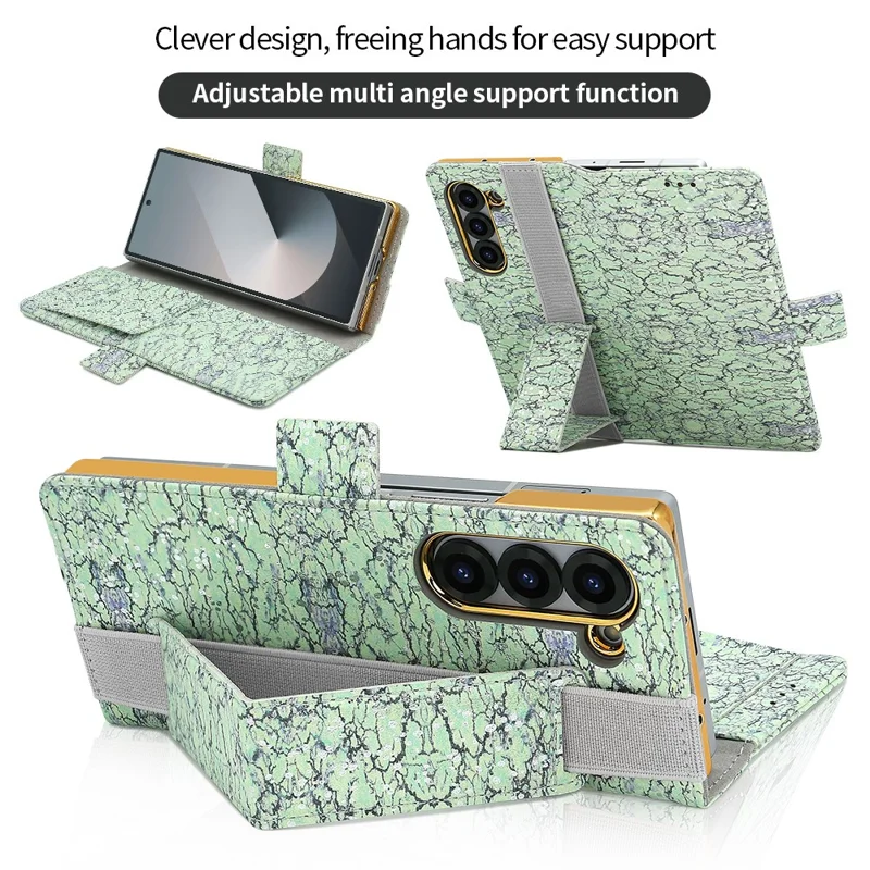For Samsung Galaxy Z Fold6 5G Wallet Case RFID Blocking PU + PC + Tempered Glass Phone Cover with Wrist Strap - Green