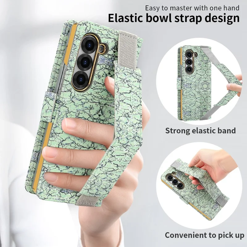 For Samsung Galaxy Z Fold6 5G Wallet Case RFID Blocking PU + PC + Tempered Glass Phone Cover with Wrist Strap - Green