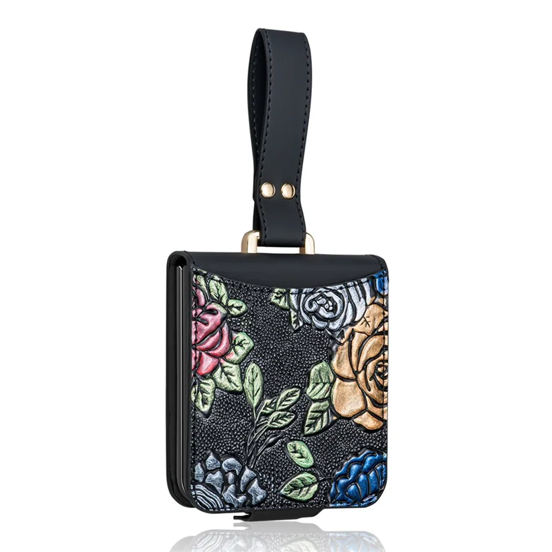 Cover per Samsung Galaxy Z Flip7 5G con Supporto e Motivo Floreale - Custodia in Pelle+PC con Pellicola Posteriore - Nero