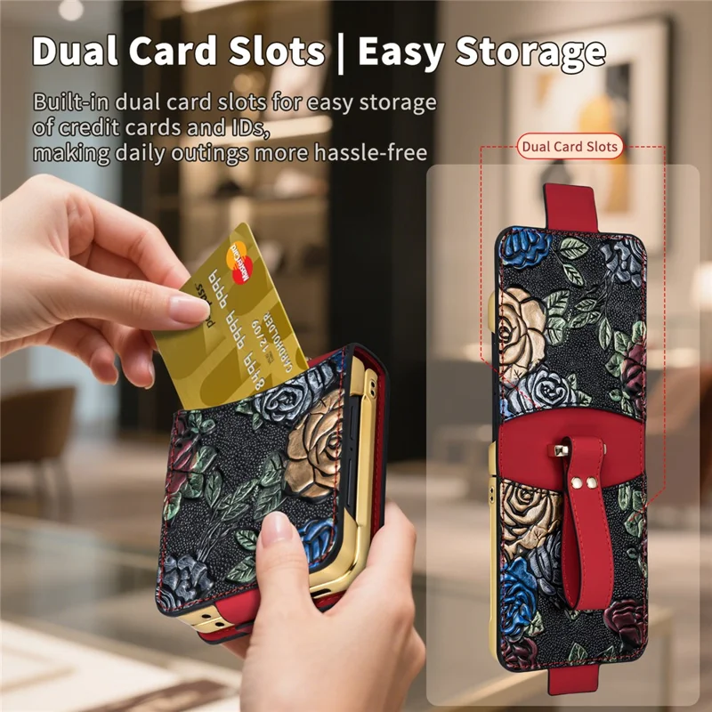 Cover per Samsung Galaxy Z Flip7 5G con Supporto e Motivo Floreale - Custodia in Pelle+PC con Pellicola Posteriore - Nero