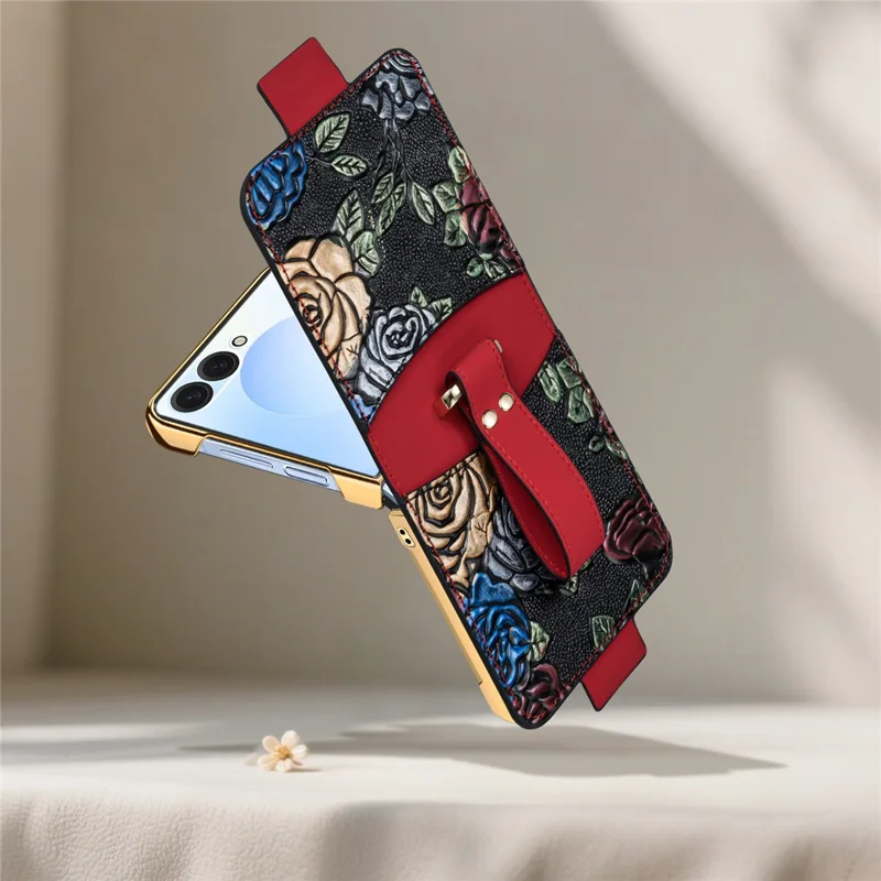 Cover per Samsung Galaxy Z Flip7 5G con Supporto e Motivo Floreale - Custodia in Pelle+PC con Pellicola Posteriore - Nero