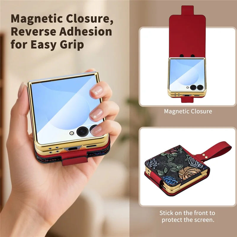 Cover per Samsung Galaxy Z Flip7 5G con Supporto e Motivo Floreale - Custodia in Pelle+PC con Pellicola Posteriore - Nero