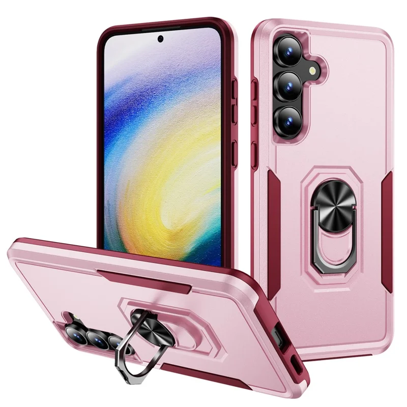 For Samsung Galaxy S25 FE Case Military Grade Ring Kickstand PC + TPU Phone Cover - Pink + Rose