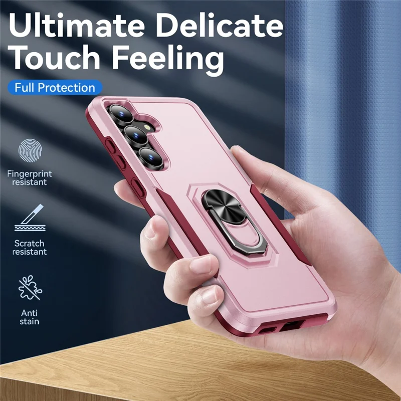 For Samsung Galaxy S25 FE Case Military Grade Ring Kickstand PC + TPU Phone Cover - Pink + Rose