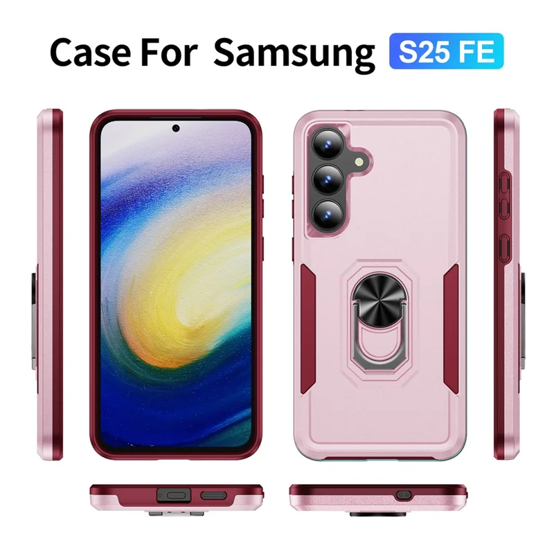 For Samsung Galaxy S25 FE Case Military Grade Ring Kickstand PC + TPU Phone Cover - Pink + Rose