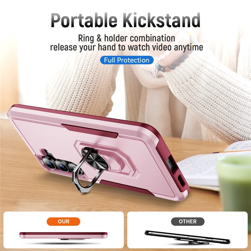 For Samsung Galaxy S25 FE Case Military Grade Ring Kickstand PC + TPU Phone Cover - Pink + Rose