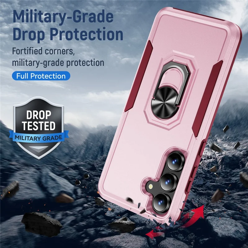 For Samsung Galaxy S25 FE Case Military Grade Ring Kickstand PC + TPU Phone Cover - Pink + Rose