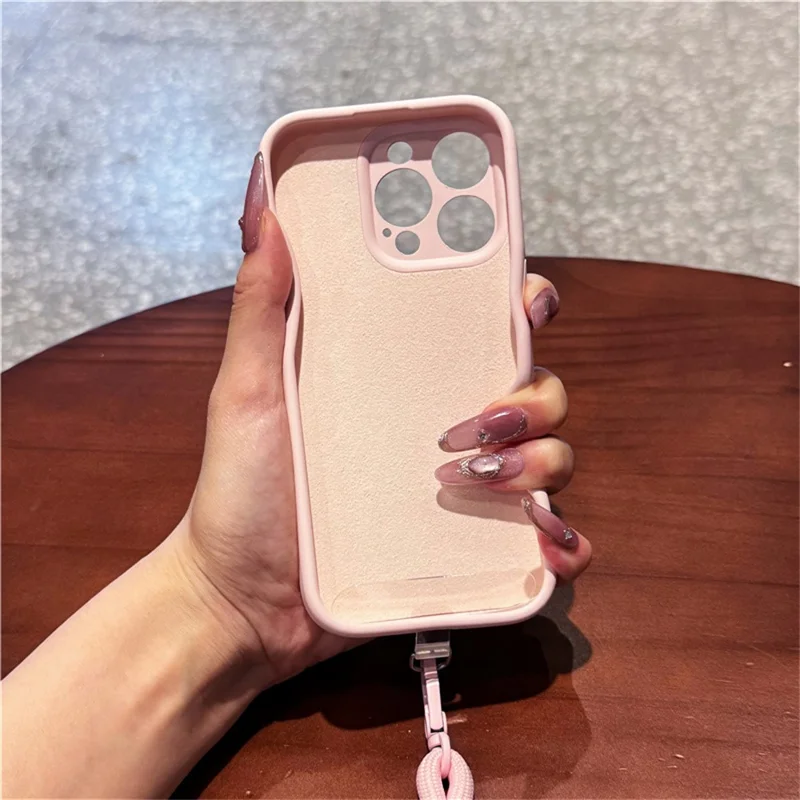 For iPhone 14 Pro Case Precise Cutouts Liquid Silicone + PC Phone Cover with Wrist Strap - Pink