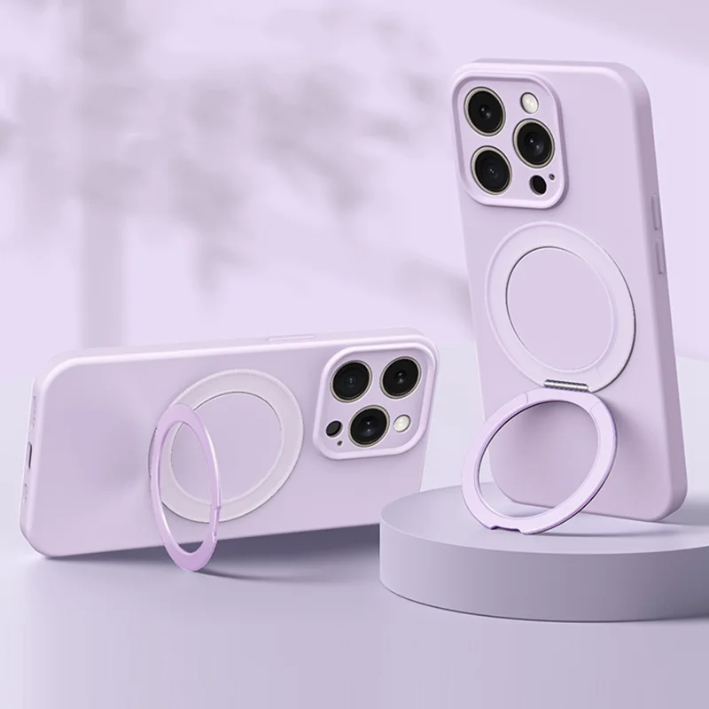 For iPhone 14 Pro Magnetic Case Rotating Kickstand Liquid Silicone PC Phone Cover Skin Touch - Purple