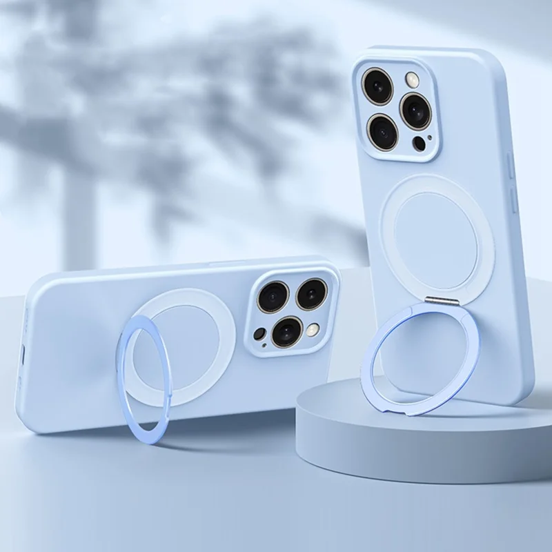 For iPhone 15 Pro Magnetic Case Rotating Kickstand Liquid Silicone PC Phone Cover Skin Touch - Baby Blue