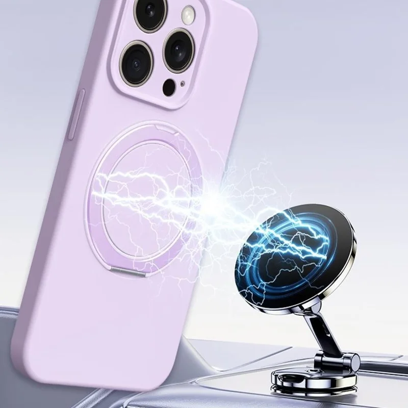 For iPhone 15 Pro Magnetic Case Rotating Kickstand Liquid Silicone PC Phone Cover Skin Touch - Baby Blue