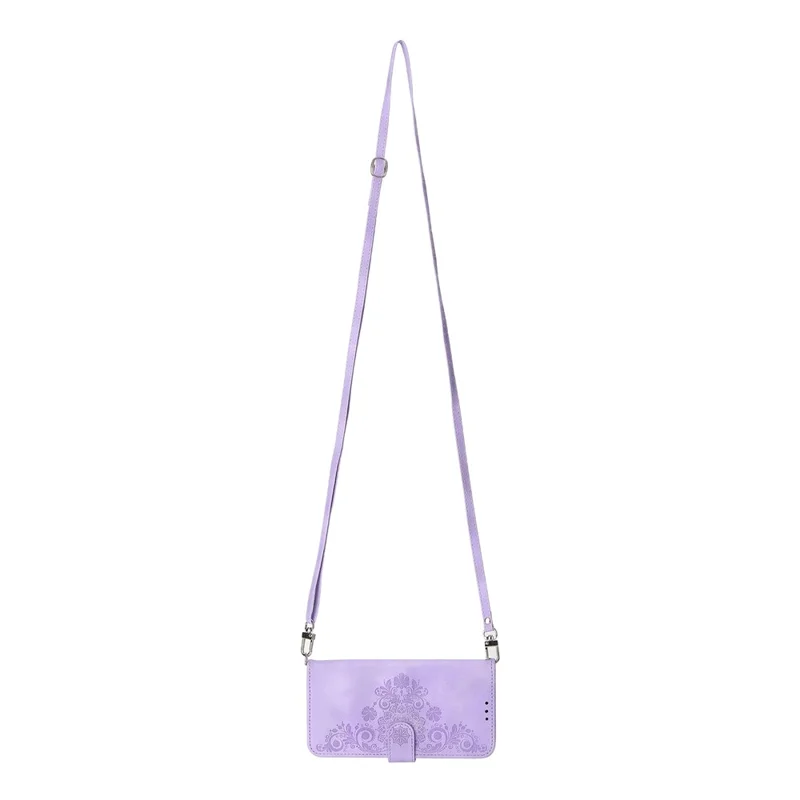 For Samsung Galaxy A53 5G Supporting Stand Skin-touch Imprinted Flowers Pattern Leather Case Wallet Phone Cover with Wrist Strap and Shoulder Strap - Light Purple
