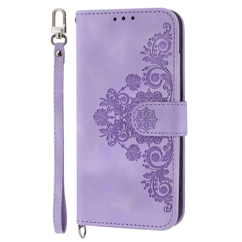 For Samsung Galaxy A53 5G Supporting Stand Skin-touch Imprinted Flowers Pattern Leather Case Wallet Phone Cover with Wrist Strap and Shoulder Strap - Light Purple