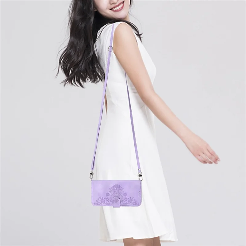For Samsung Galaxy A53 5G Supporting Stand Skin-touch Imprinted Flowers Pattern Leather Case Wallet Phone Cover with Wrist Strap and Shoulder Strap - Light Purple