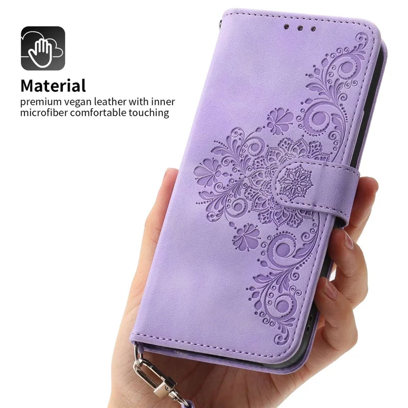 For Samsung Galaxy A53 5G Supporting Stand Skin-touch Imprinted Flowers Pattern Leather Case Wallet Phone Cover with Wrist Strap and Shoulder Strap - Light Purple