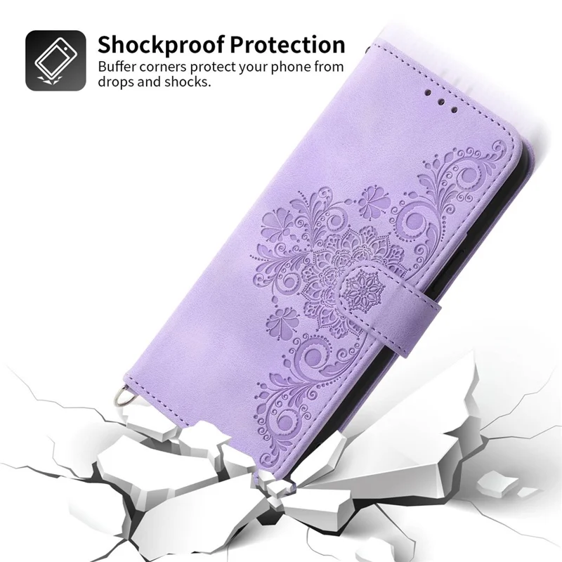 For Samsung Galaxy A53 5G Supporting Stand Skin-touch Imprinted Flowers Pattern Leather Case Wallet Phone Cover with Wrist Strap and Shoulder Strap - Light Purple