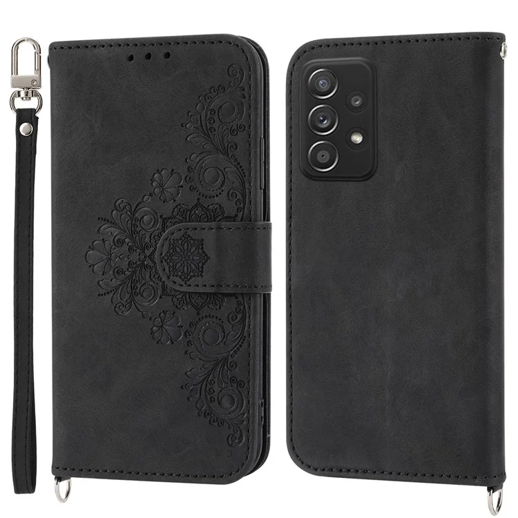 Para Samsung Galaxy A53 5G Soporte de Soporte de Soporte Touch de Piel Imprimida Patrón de Colaboras Case de Cuero Tapa Del Teléfono Con Correa de Muñeca y Correa Para el Hombro - Negro