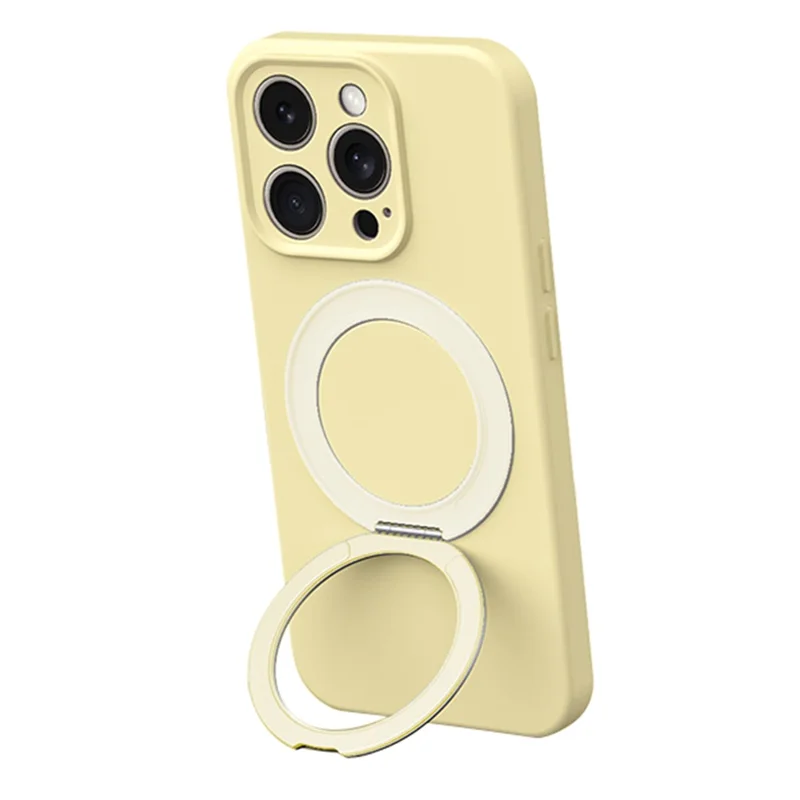 For iPhone 13 Pro Max Magnetic Case Rotating Kickstand Liquid Silicone PC Phone Cover Skin Touch - Light Yellow