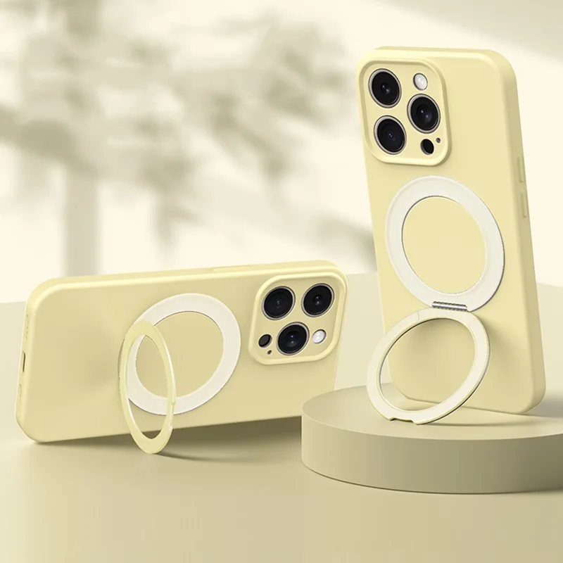 For iPhone 13 Pro Max Magnetic Case Rotating Kickstand Liquid Silicone PC Phone Cover Skin Touch - Light Yellow