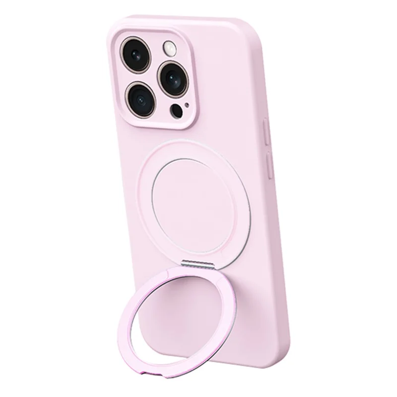 For iPhone 13 Pro Max Magnetic Case Rotating Kickstand Liquid Silicone PC Phone Cover Skin Touch - Pink