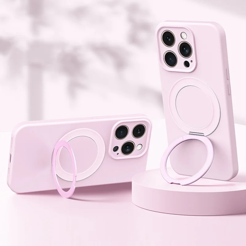 For iPhone 13 Pro Max Magnetic Case Rotating Kickstand Liquid Silicone PC Phone Cover Skin Touch - Pink