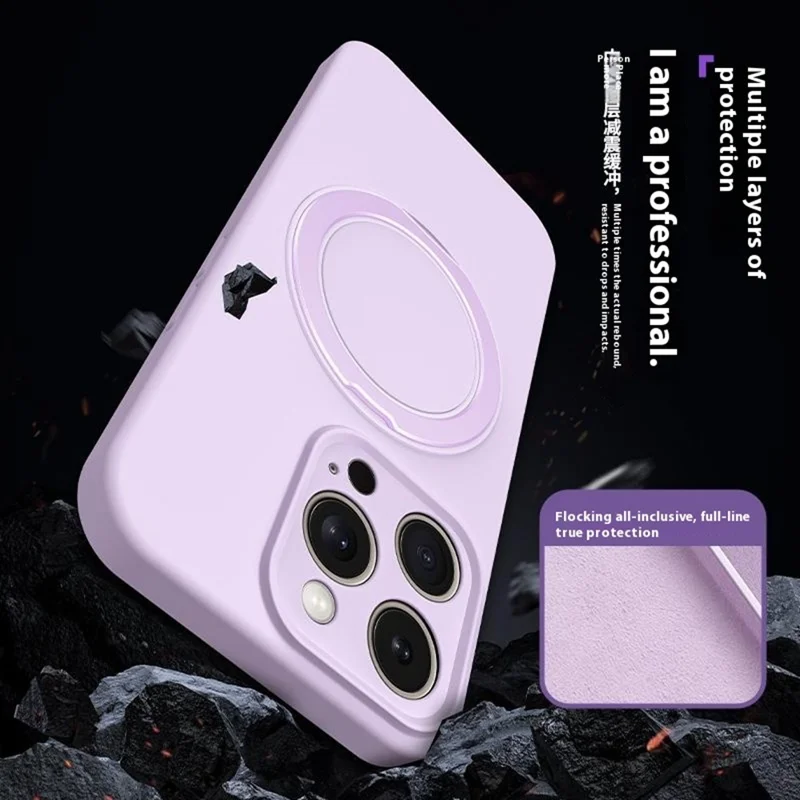 For iPhone 13 Pro Magnetic Case Rotating Kickstand Liquid Silicone PC Phone Cover Skin Touch - Purple