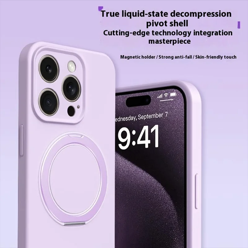 For iPhone 13 Pro Magnetic Case Rotating Kickstand Liquid Silicone PC Phone Cover Skin Touch - Purple