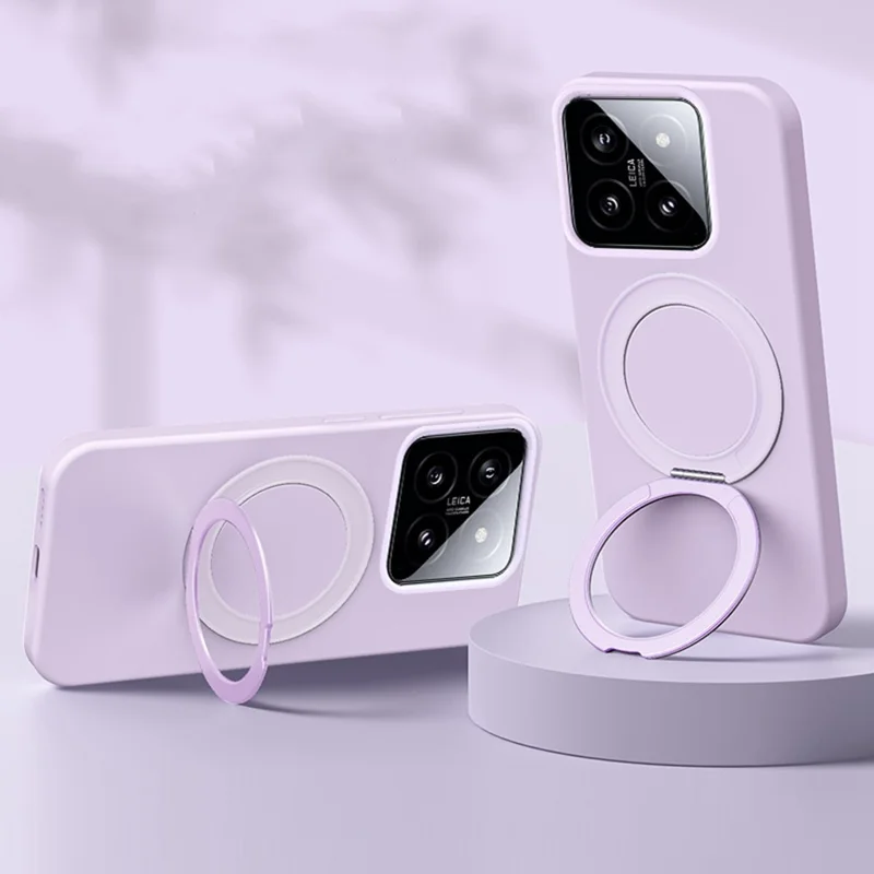 For Xiaomi 14 Magnetic Case Rotating Kickstand Liquid Silicone PC Phone Cover Skin Touch - Purple