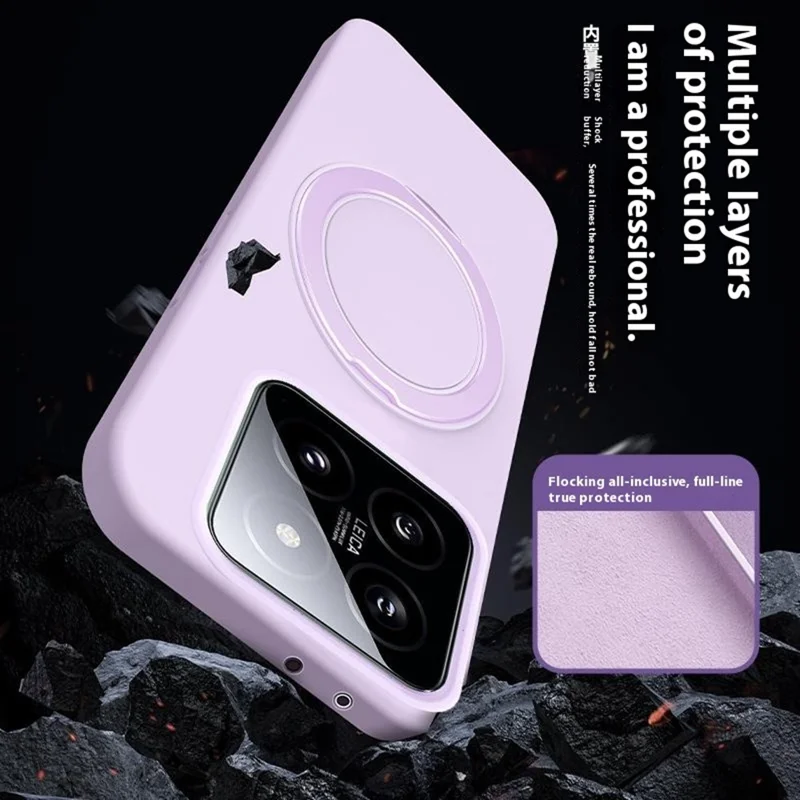 For Xiaomi 14 Magnetic Case Rotating Kickstand Liquid Silicone PC Phone Cover Skin Touch - Purple