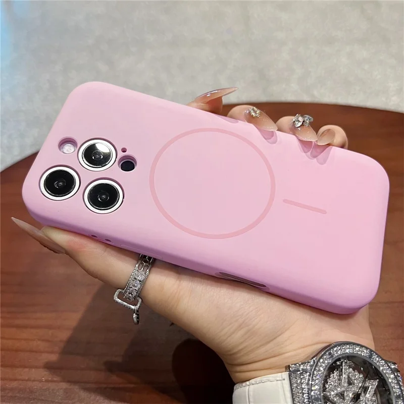 For iPhone 16 Pro Magnetic Case Skin Touch Liquid Silicone PC Shockproof Phone Cover - Pink