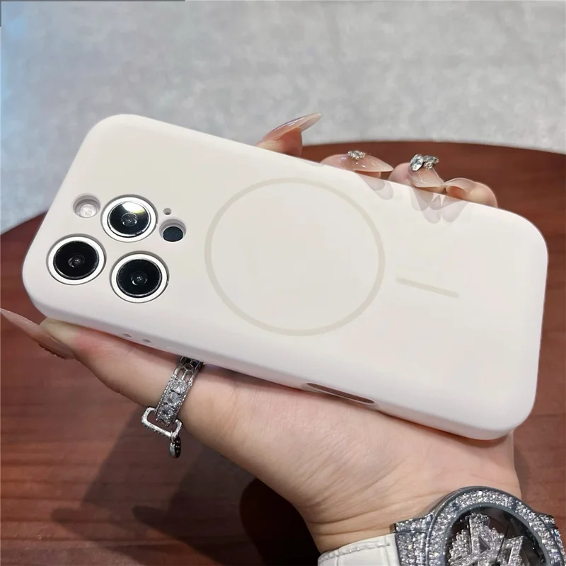 For iPhone 16 Pro Max Magnetic Case Skin Touch Liquid Silicone PC Shockproof Phone Cover - White