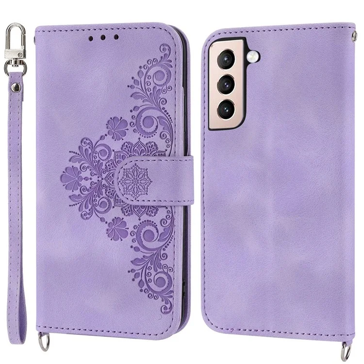 Per Samsung Galaxy S21 FE 5G Skin-touch Feeling Phone Cover Shell Imprinted Flowers Pattern Stand Wallet Leather Phone Case with Wrist Strap and Shoulder Strap - Lilla Chiaro