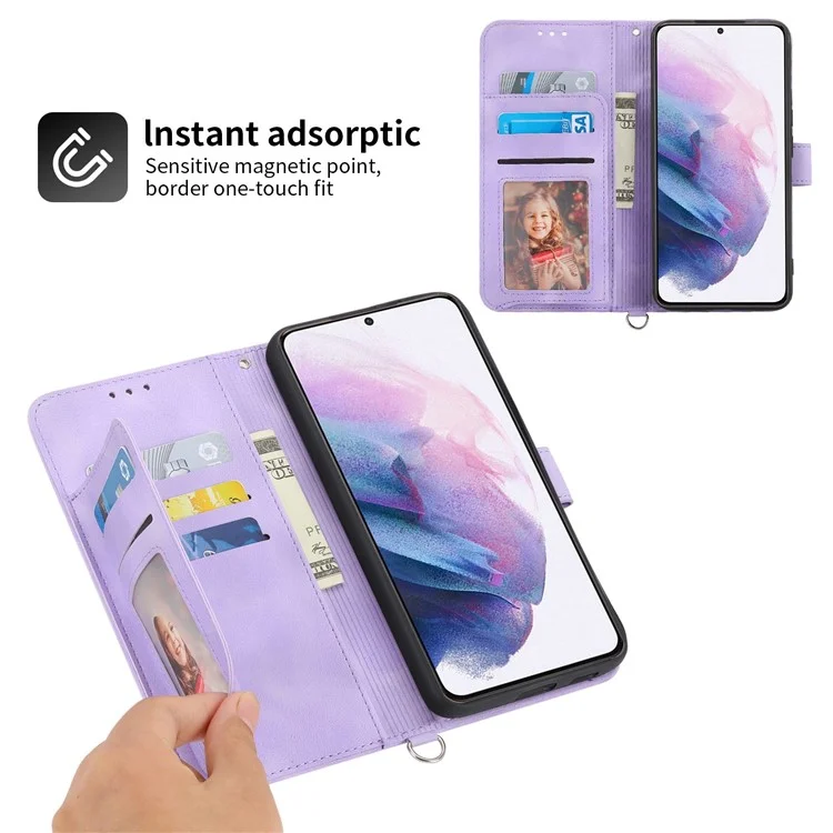 Per Samsung Galaxy S21 FE 5G Skin-touch Feeling Phone Cover Shell Imprinted Flowers Pattern Stand Wallet Leather Phone Case with Wrist Strap and Shoulder Strap - Lilla Chiaro