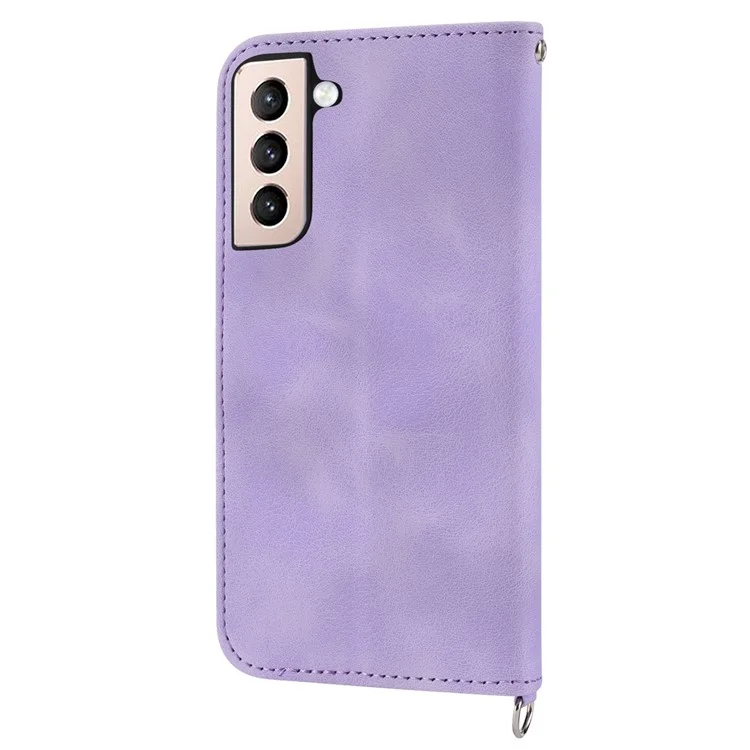 Per Samsung Galaxy S21 FE 5G Skin-touch Feeling Phone Cover Shell Imprinted Flowers Pattern Stand Wallet Leather Phone Case with Wrist Strap and Shoulder Strap - Lilla Chiaro