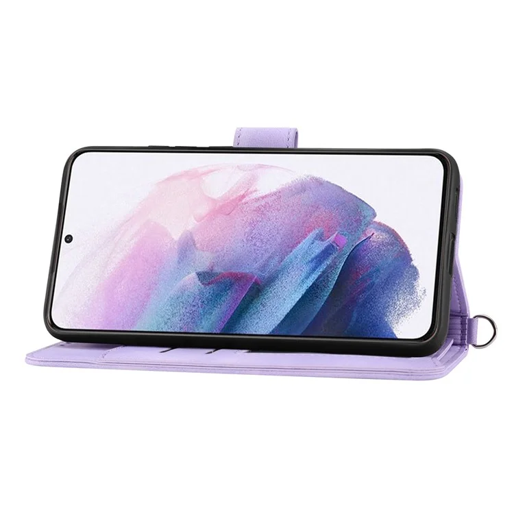 Per Samsung Galaxy S21 FE 5G Skin-touch Feeling Phone Cover Shell Imprinted Flowers Pattern Stand Wallet Leather Phone Case with Wrist Strap and Shoulder Strap - Lilla Chiaro