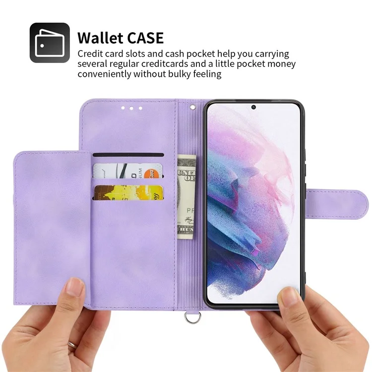 Per Samsung Galaxy S21 FE 5G Skin-touch Feeling Phone Cover Shell Imprinted Flowers Pattern Stand Wallet Leather Phone Case with Wrist Strap and Shoulder Strap - Lilla Chiaro
