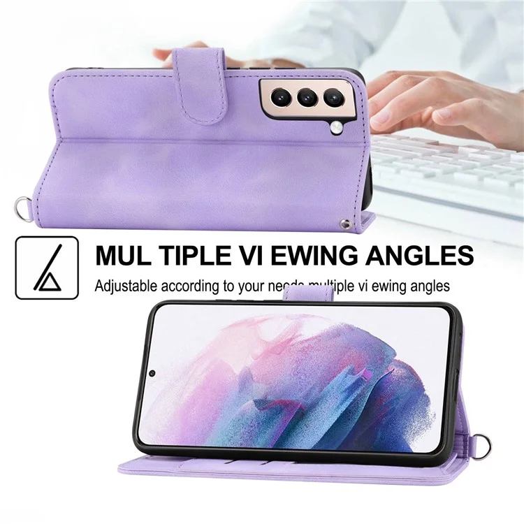 Per Samsung Galaxy S21 FE 5G Skin-touch Feeling Phone Cover Shell Imprinted Flowers Pattern Stand Wallet Leather Phone Case with Wrist Strap and Shoulder Strap - Lilla Chiaro