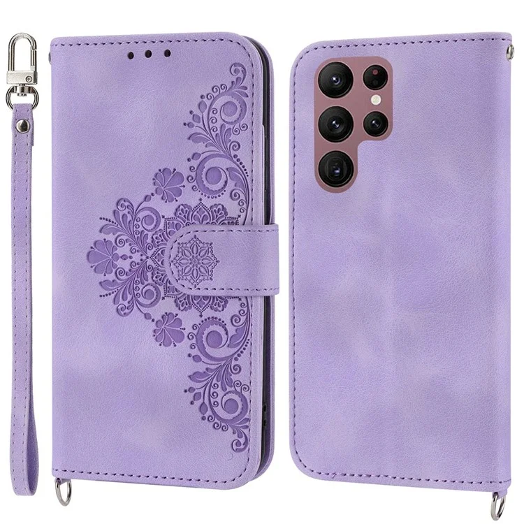 Múltiples Ranuras Para Tarjetas Case de Teléfono Para Samsung Galaxy S22 Ultra 5G, Flores Impresas PU Flip Pie Stand de Piel Toque Celular Cubierta Con Muñeca y Correa Para el Hombro - Púrpura Ligera