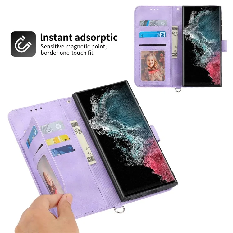 Múltiples Ranuras Para Tarjetas Case de Teléfono Para Samsung Galaxy S22 Ultra 5G, Flores Impresas PU Flip Pie Stand de Piel Toque Celular Cubierta Con Muñeca y Correa Para el Hombro - Púrpura Ligera