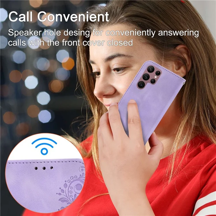 Múltiples Ranuras Para Tarjetas Case de Teléfono Para Samsung Galaxy S22 Ultra 5G, Flores Impresas PU Flip Pie Stand de Piel Toque Celular Cubierta Con Muñeca y Correa Para el Hombro - Púrpura Ligera
