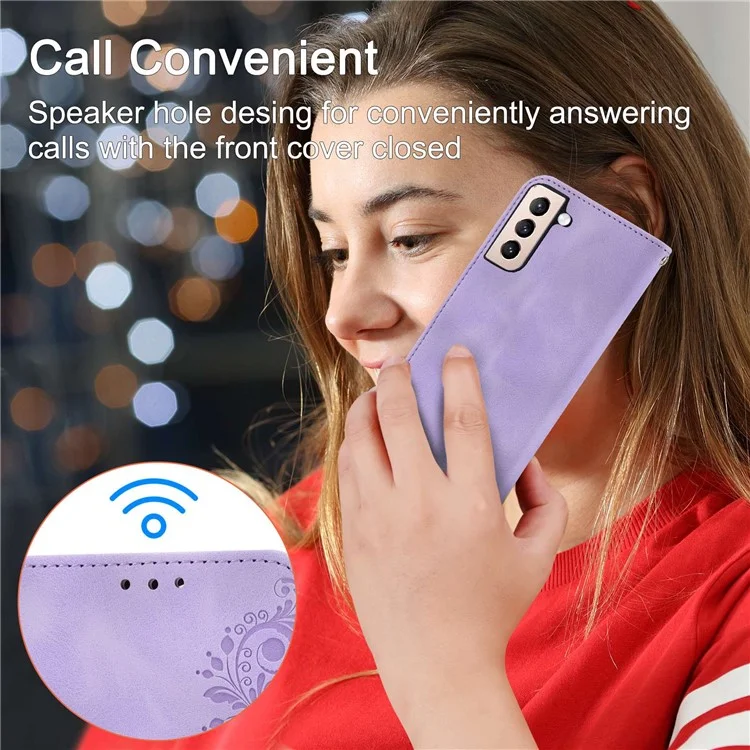 For Samsung Galaxy S22 5G Skin-friendly Imprinted Flowers PU Leather Phone Case Stand Multiple Card Slots Protective Phone Cover with Wrist Strap and Shoulder Strap - Light Purple