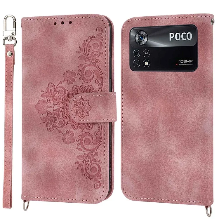PU Leder Flip Phone Hülle Für Xiaomi Poco X4 Pro 5G, Eingeprägte Blumen Mehrere Kartensteckplätze Haut-touch-anti-drogen-smartphone-deckungs-brieftasche Mit Trägern - Rosa