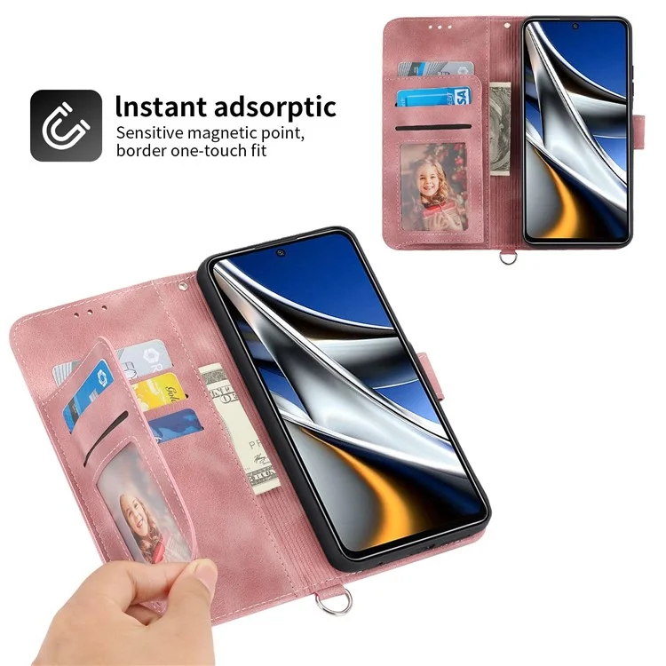 PU Leder Flip Phone Hülle Für Xiaomi Poco X4 Pro 5G, Eingeprägte Blumen Mehrere Kartensteckplätze Haut-touch-anti-drogen-smartphone-deckungs-brieftasche Mit Trägern - Rosa