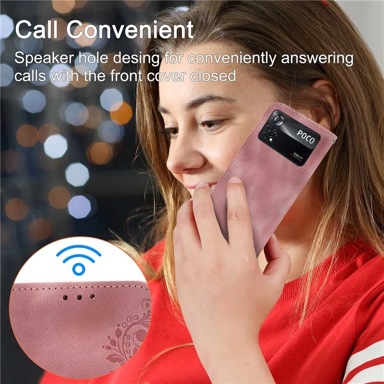 PU Leder Flip Phone Hülle Für Xiaomi Poco X4 Pro 5G, Eingeprägte Blumen Mehrere Kartensteckplätze Haut-touch-anti-drogen-smartphone-deckungs-brieftasche Mit Trägern - Rosa