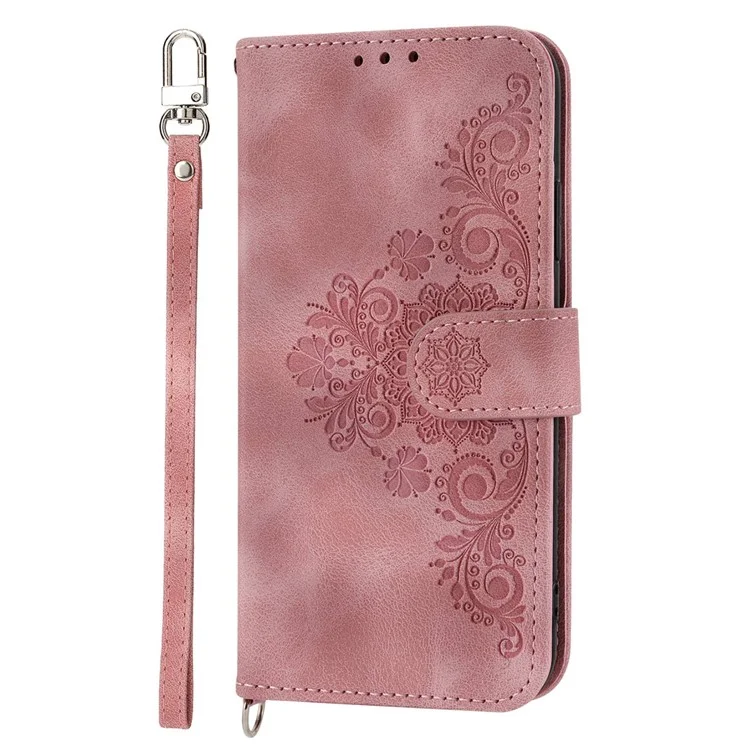 PU Leder Flip Phone Hülle Für Xiaomi Poco X4 Pro 5G, Eingeprägte Blumen Mehrere Kartensteckplätze Haut-touch-anti-drogen-smartphone-deckungs-brieftasche Mit Trägern - Rosa